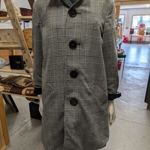 Vintage Anne Klein Black and White Plaid Coat With Big Black Buttons